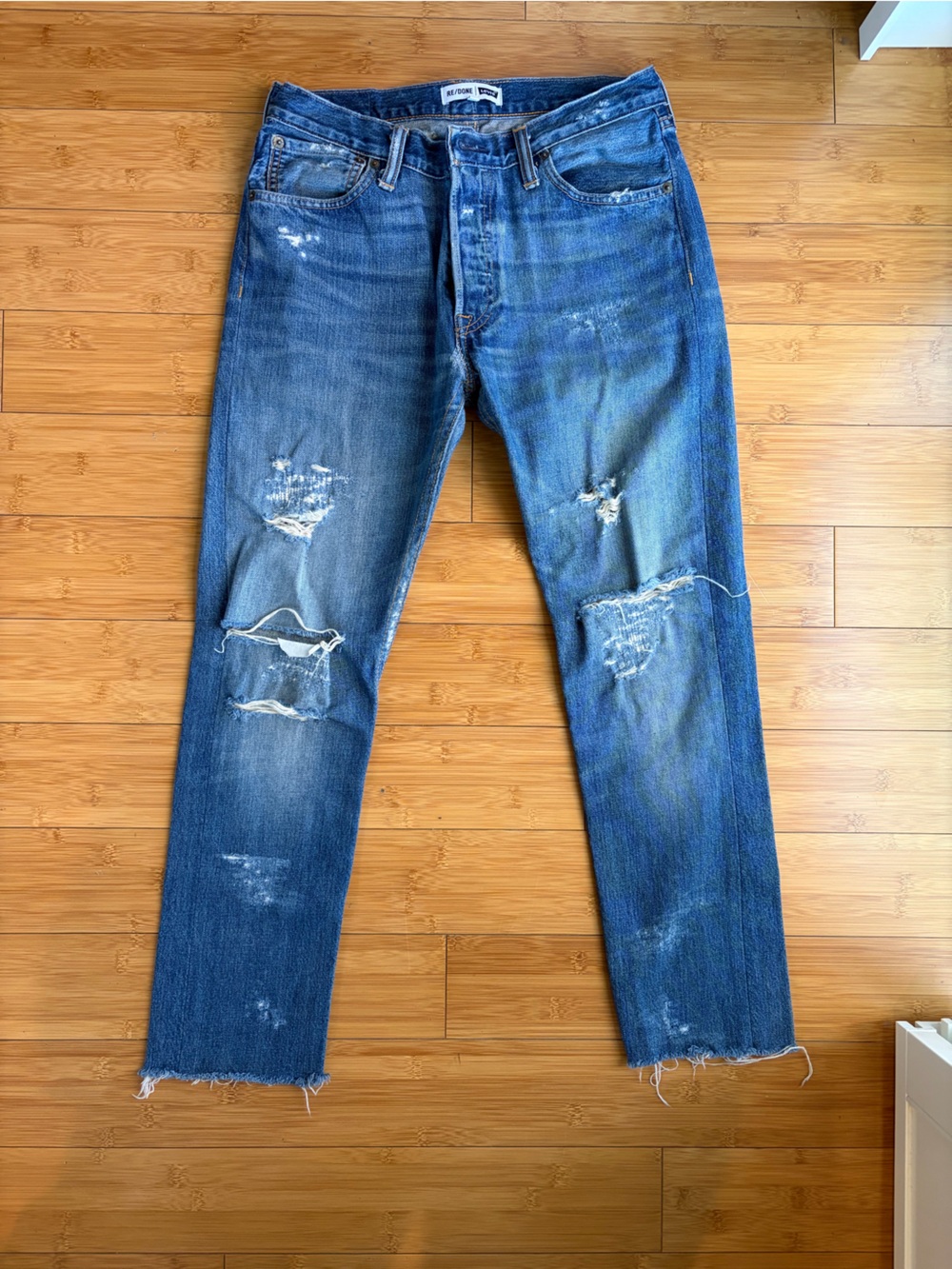 Re/Done Blue Distressed Straight Jeans